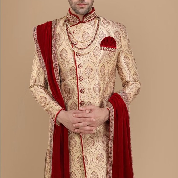 Ravishing Fawn Wedding Sherwani Gold jacquard w maroon red top - Picture 4 of 10